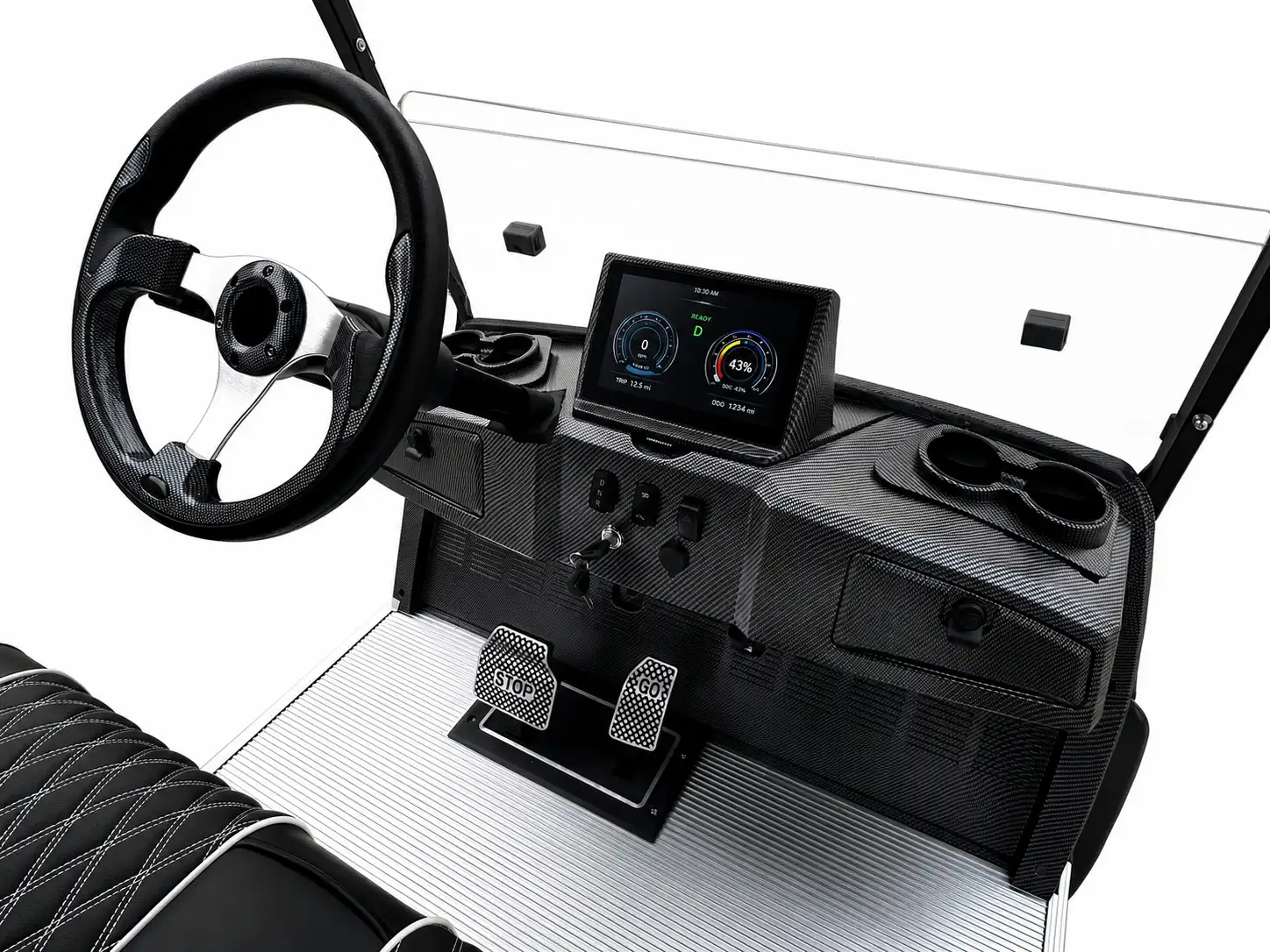 G-CART cockpit with steering wheel and central touch-screen display