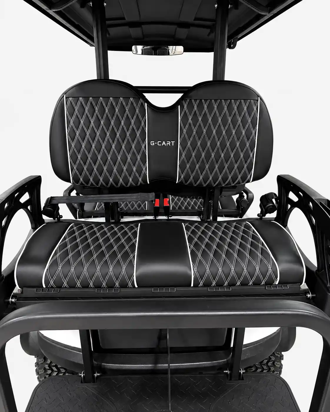 Close-up of quilted G-CART seats with white diamond stitching