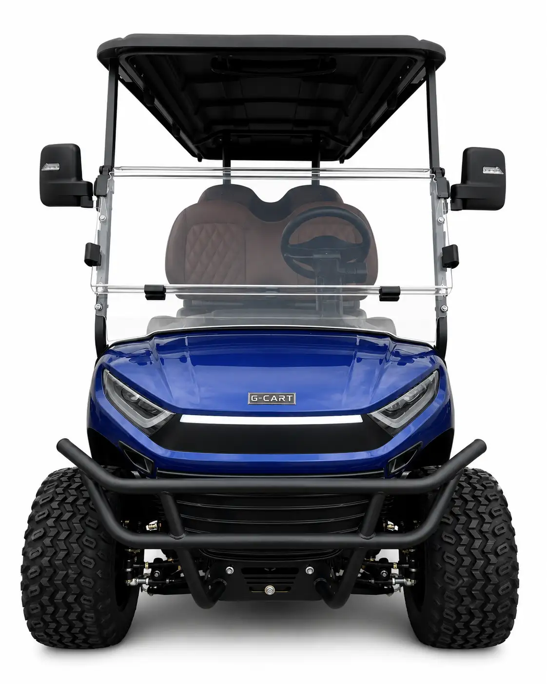 Front view of a lifted G-CART showing all-terrain wheels and suspension