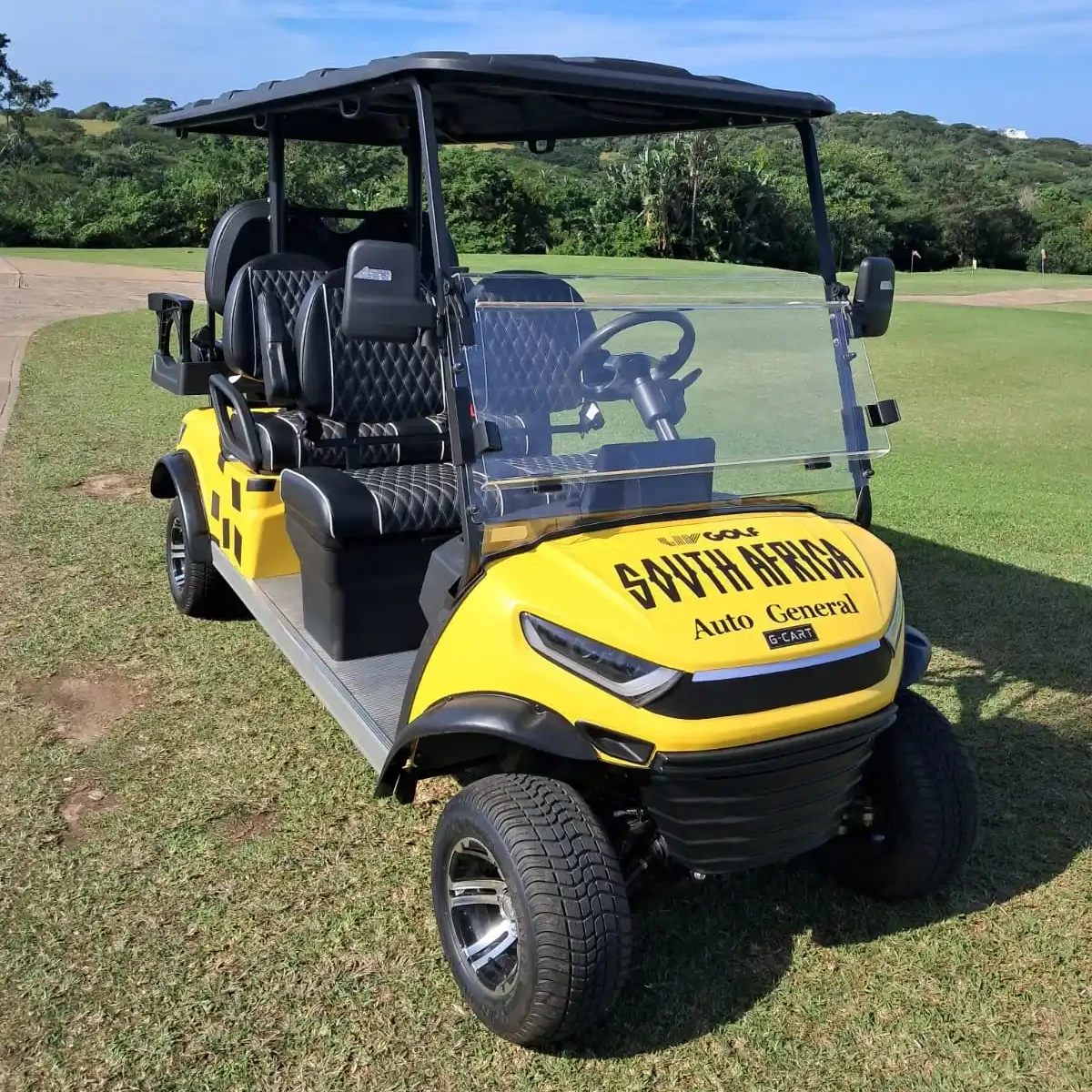 Yellow LIV Golf South Africa branded G-CART on a golf course