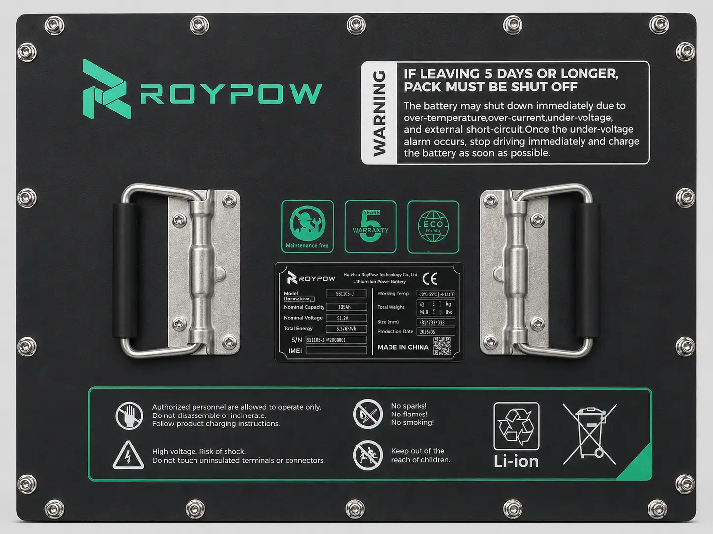 Roypow lithium-ion battery pack with sealed casing, carry handles and safety labelling
