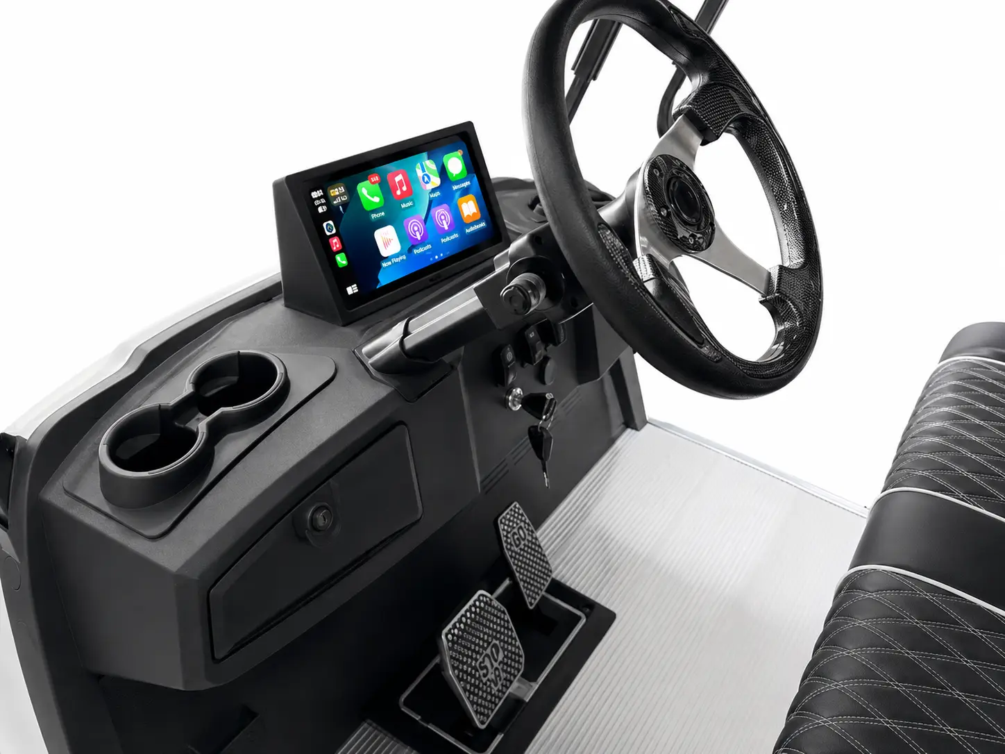 G-CART cockpit with touch-screen display, steering wheel, cup holders and pedals